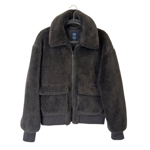 Gap Sherpa Fleece Bomber Jacket Women’s Size Medium Tall Brown - Picture 1 of 10